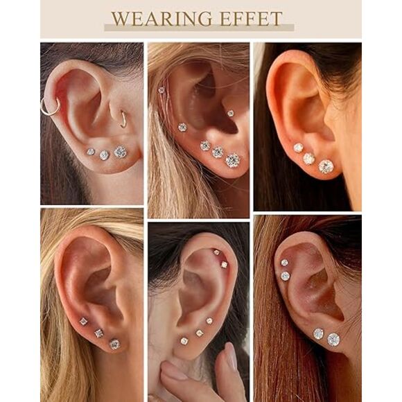 5 Pairs 14K Gold Plated Stud Earrings for Women Hypoallergenic Zirconia Set - Picture 4 of 5